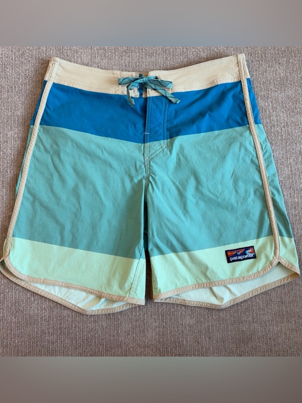 Patagonia Men’s Teal & Blue Striped Swim Board Shorts
